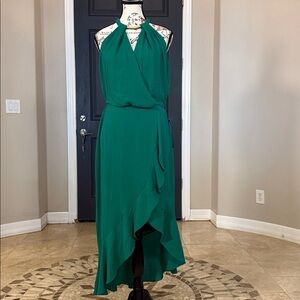 X BY XSCAPE EMERALD GREEN HALTER DRESS WITH GOLD DETAIL 4